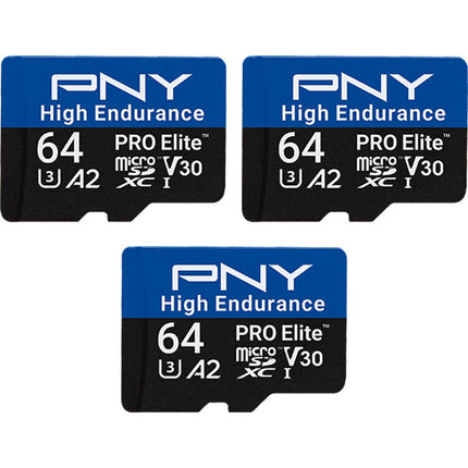 PNY 64GB PRO Elite microSDXC de Alta Resistencia UHS-I V30 3-Pack con Adaptador SD