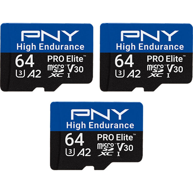 PNY 64GB PRO Elite microSDXC de Alta Resistencia UHS-I V30 3-Pack con Adaptador SD
