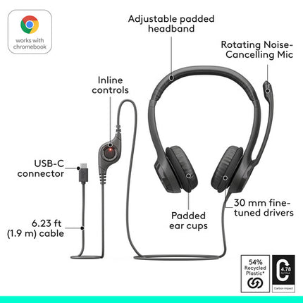 Logitech H390 Auriculares USB-C con Micrófono Cancelación de Ruido y Controles Integrados