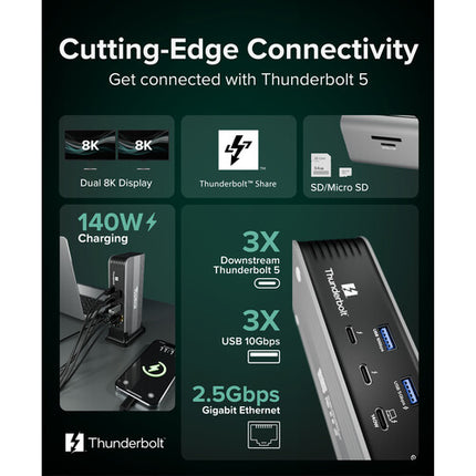 Plugable 11-in-1 Thunderbolt 5 Estación de Acoplamiento 140W con Soporte Dual 8K