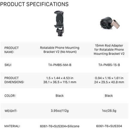 Tilta Rotatable Phone Mounting Bracket V2 Soporte para teléfono 15mm giratorio 360° para móviles 3 a 3.8 pulg
