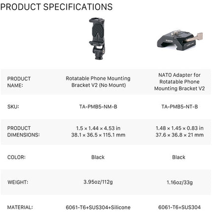 Tilta Rotatable Phone Mounting Bracket V2 Soporte para móvil con rotación 360 y montaje NATO para teléfonos de 3 a 3.8 pulgadas