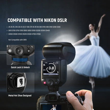 Neewer Z2PRO-N Flash Speedlite Nikon 76Ws Cabezal Redondo con Batería y USB-C