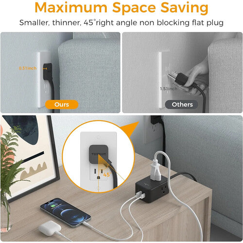 Tessan Regleta eléctrica con 3 AC 2 USB-A 1 USB-C cable plano 5 pies negra