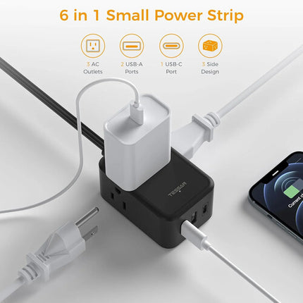 Tessan Regleta eléctrica con 3 AC 2 USB-A 1 USB-C cable plano 5 pies negra