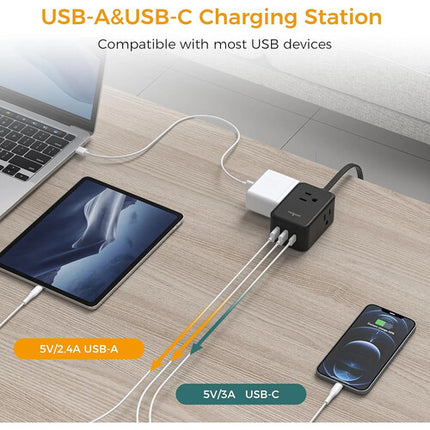 Tessan Regleta eléctrica con 3 AC 2 USB-A 1 USB-C cable plano 5 pies negra