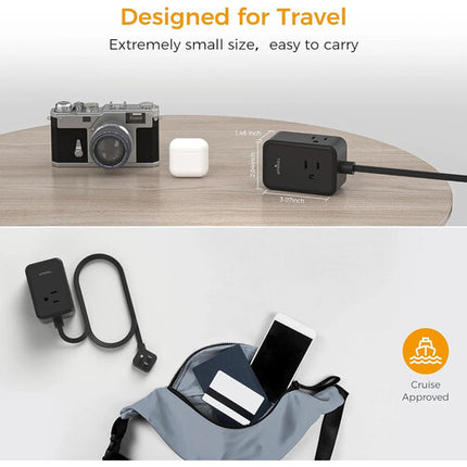 Tessan Regleta eléctrica con 3 AC 2 USB-A 1 USB-C cable plano 5 pies negra
