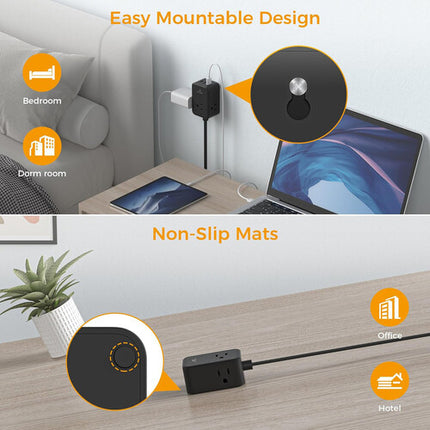 Tessan Regleta eléctrica con 3 AC 2 USB-A 1 USB-C cable plano 5 pies negra