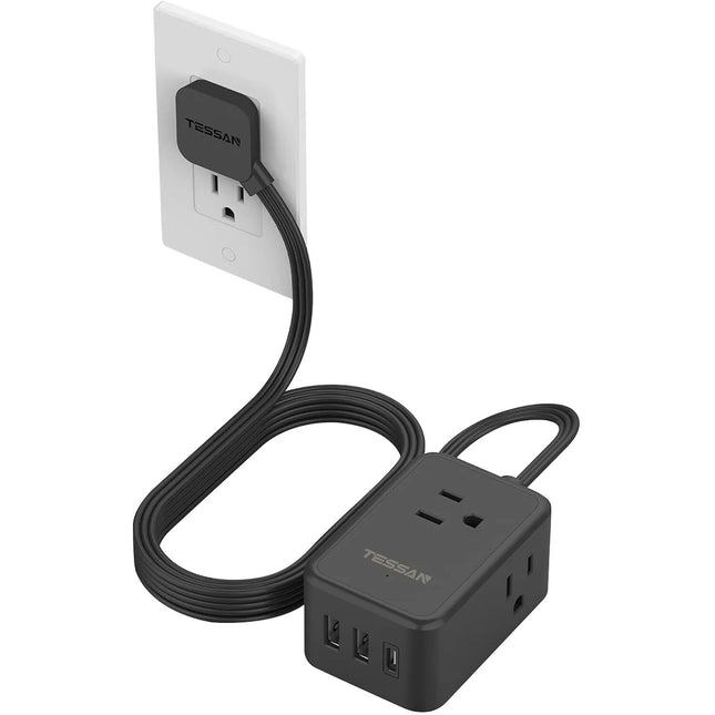 Tessan Regleta eléctrica con 3 AC 2 USB-A 1 USB-C cable plano 5 pies negra