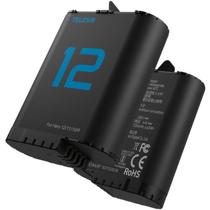 TELESIN Cargador con 3 Ranuras y 2 Baterías 1720mAh para GoPro HERO12 11 10 9