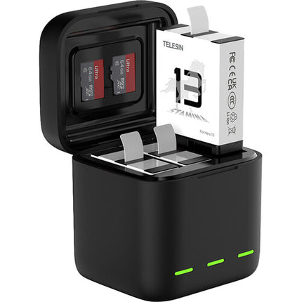 TELESIN Caja de Carga y Almacenamiento para 3 Baterías GoPro HERO13 2.8 Horas USB-C