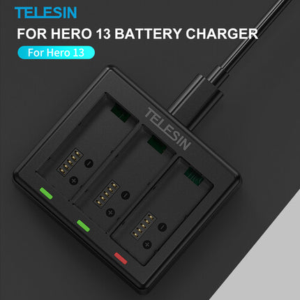 TELESIN Cargador 3 ranuras para batería GoPro HERO13 carga rápida 2A USB-C