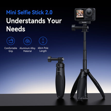 TELESIN Selfie Stick 2.0 con Mini Trípode para Cámaras Acción Ajustable de 15.7"