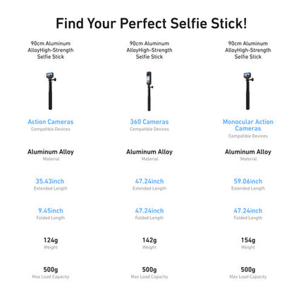 TELESIN Palo Selfie de Aluminio Resistente 35.4" con Adaptador 1/4"-20