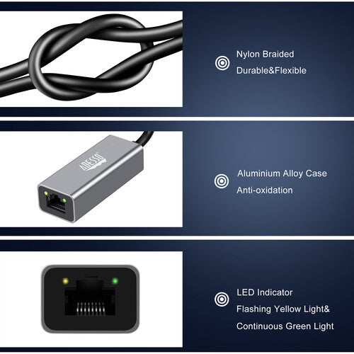 Adesso Adaptador de Red USB-C a Ethernet Gigabit con Cable Nylon Trenzado