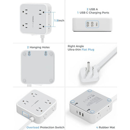 Tessan Protector de Sobretensión 8 Enchufes 2 USB-A 1 USB-C 15W 5ft