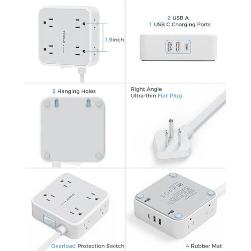 Tessan Protector de Sobretensión 8 Enchufes 2 USB-A 1 USB-C 15W 5ft