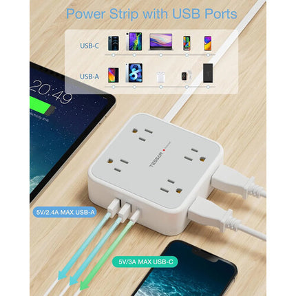 Tessan Protector de Sobretensión 8 Enchufes 2 USB-A 1 USB-C 15W 5ft