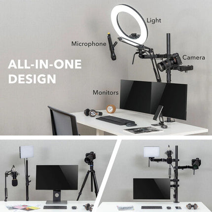 Mount-It! Soporte de estudio todo en uno para doble pantalla hasta 32" con brazo para micrófono y capacidad de 9 kg por pantalla