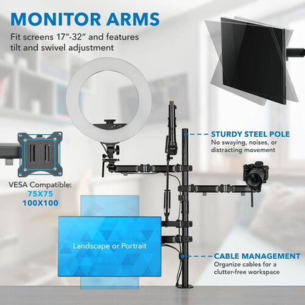 Mount-It! Soporte de estudio todo en uno para doble pantalla hasta 32" con brazo para micrófono y capacidad de 9 kg por pantalla