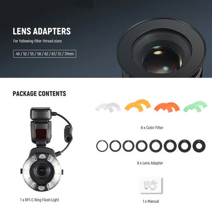 Neewer RF1-N Flash Anular Macro TTL para Nikon 76Ws 5600K con Gel de Color y Adaptadores 49-77mm