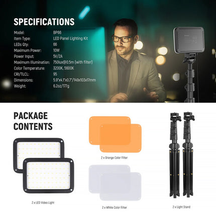 Neewer BASICS BP66 Panel LED Bicolor Kit 2 Luces 3200-5600K 5.9x4.1" con Filtros