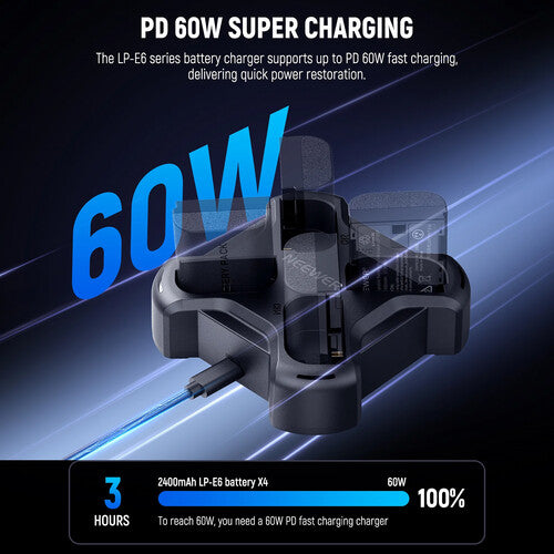Neewer NW-P4 Cargador Rápido 4 Canales para Baterías LP-E6 USB-C