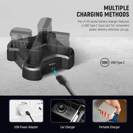 Neewer NW-P4 Cargador Rápido 4 Canales para Baterías LP-E6 USB-C