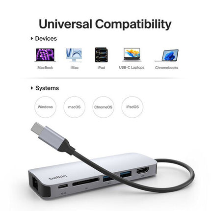 Belkin CONNECT USB-C 6 en 1 Hub USB 3.2 Gen 1 HDMI 4K 60Hz Ethernet Gigabit