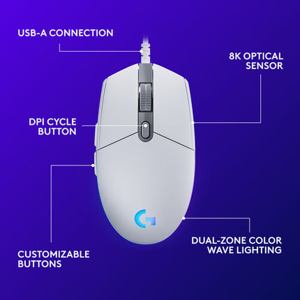 Logitech G G203 Lightsync Ratón Blanco USB 8000 dpi 6 Botones Programables