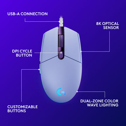 Logitech G G203 Lightsync Ratón Lilac USB 6.89 Pulgadas 8000 DPI