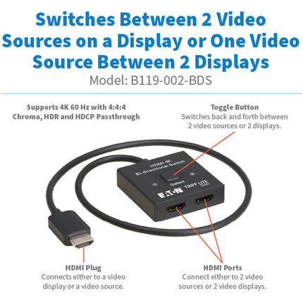 Tripp Lite conmutador HDMI bidireccional 2x1 4K60 HDR 12-Bit 4:4:4