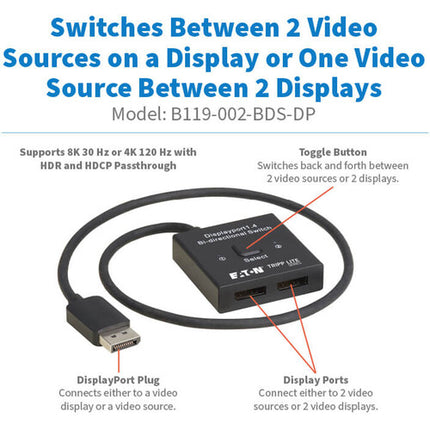 Tripp Lite 2x1 Bidireccional UHD 4K Switch DisplayPort hasta 8K30 HDR