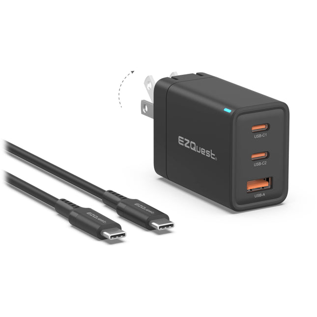 EZQuest UltimatePower Cargador de Pared 65W GaN II 3 Puertos USB-C y USB-A con Cable USB-C 6'