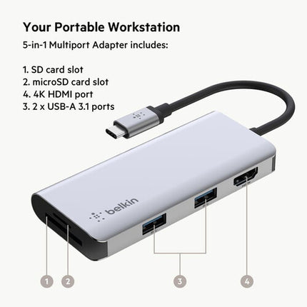Belkin Connect USB-C 5 en 1 Multiport Hub V2 con HDMI 4K 60Hz y USB 5 Gb/s