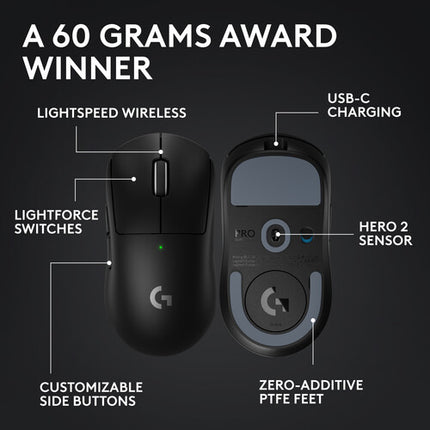 Logitech G PRO X SUPERLIGHT 2 Wireless Ratón Gaming 32000 dpi 95 Horas batería