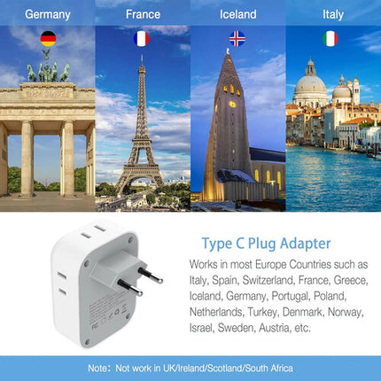 Tessan Adaptador de Enchufe Europeo con 4 Salidas 3 Puertos USB 250V 10A