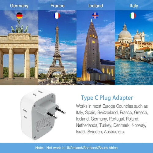 Tessan Adaptador de Enchufe Europeo con 4 Salidas 3 Puertos USB 250V 10A