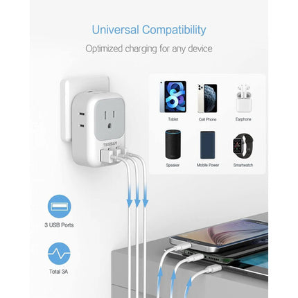 Tessan Adaptador de Enchufe Europeo con 4 Salidas 3 Puertos USB 250V 10A