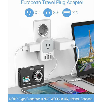 Tessan Adaptador de Enchufe Europeo con 4 Salidas 3 Puertos USB 250V 10A