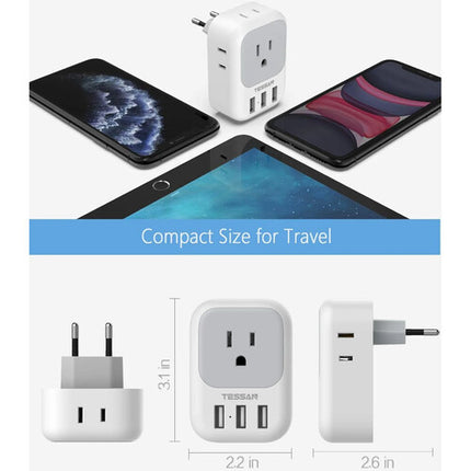 Tessan Adaptador de Enchufe Europeo con 4 Salidas 3 Puertos USB 250V 10A