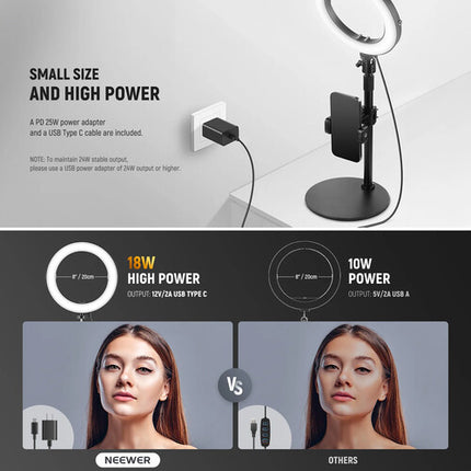Neewer RH8B Luz de Anillo LED Bicolor 8" con Soporte Escritorio 2900-7000K 345 Lux PD Charger 25W