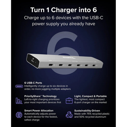 Plugable Cargador USB PD Prioritario 6 Puertos 18-100W 5V 500mA