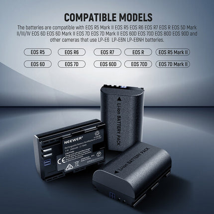 Neewer Kit Baterías LP-E6P 3 Celdas y Cargador USB LCD 3 Bahías
