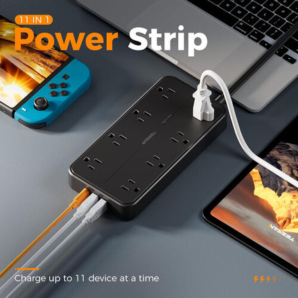 Tessan Protector de sobretensión 8 enchufes 2 USB-A 1 USB-C 1080J 15W USB
