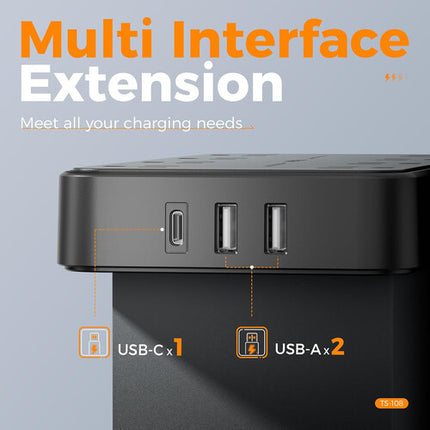 Tessan Protector de sobretensión 8 enchufes 2 USB-A 1 USB-C 1080J 15W USB