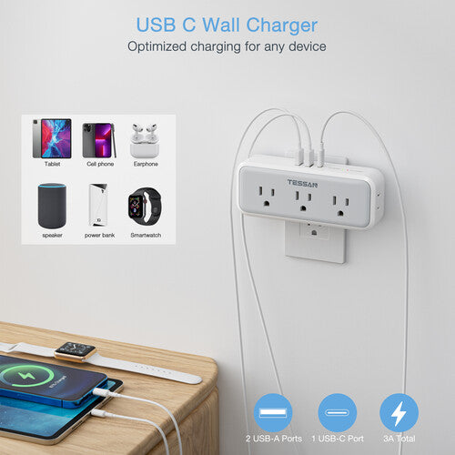 Tessan Regleta Multipuerto con 4 Enchufes 2 USB-A y 1 USB-C 15W