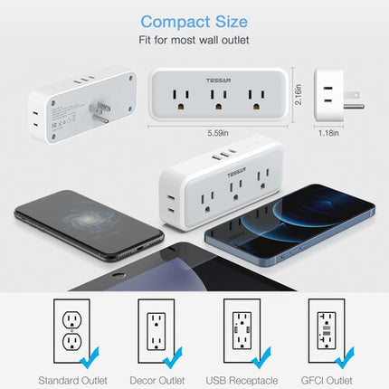 Tessan Regleta Multipuerto con 4 Enchufes 2 USB-A y 1 USB-C 15W