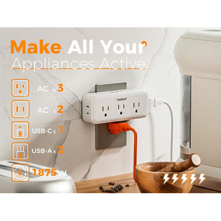 Tessan Extensión y Protector Sobretensión 5 Enchufes 3 USB Compacto