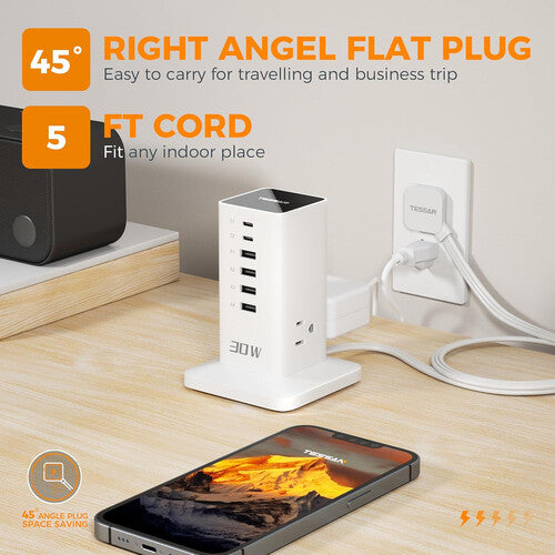 Tessan Estación de Carga Vertical 9 en 1 30W 1250W Blanca USB AC